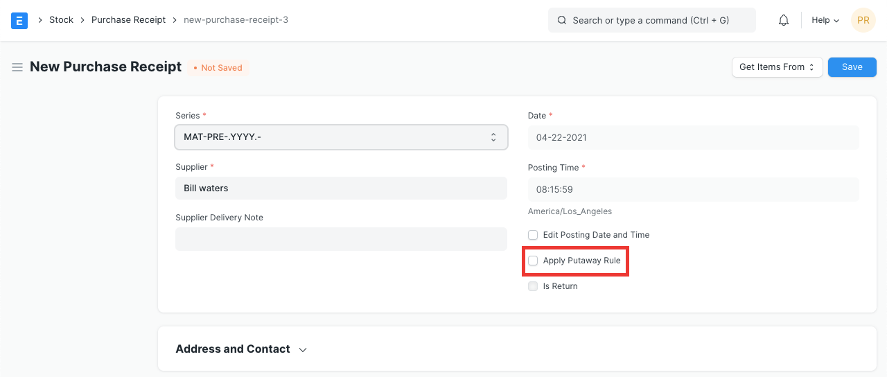 Apply Putaway Rule checkbox