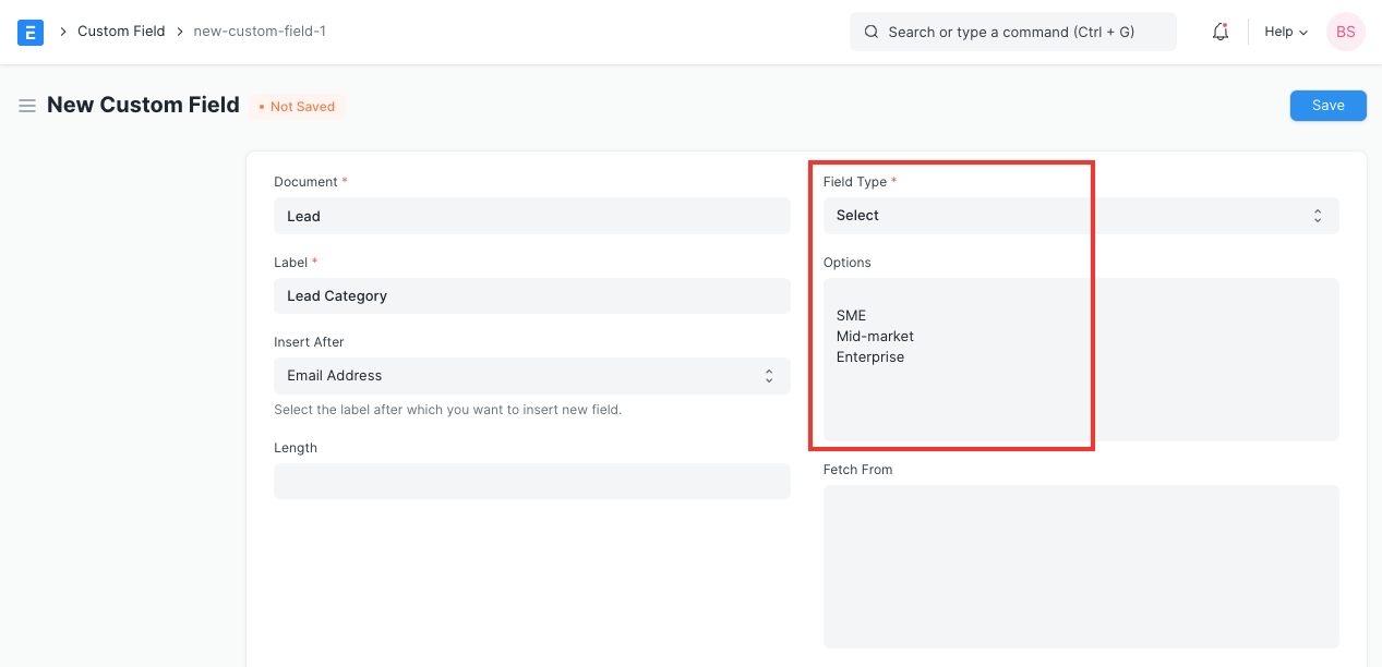 Custom Field with Fieldtype as Select