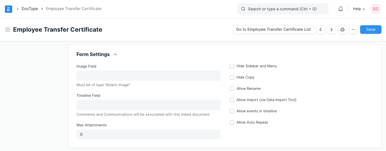 Custom DocType Form Settings