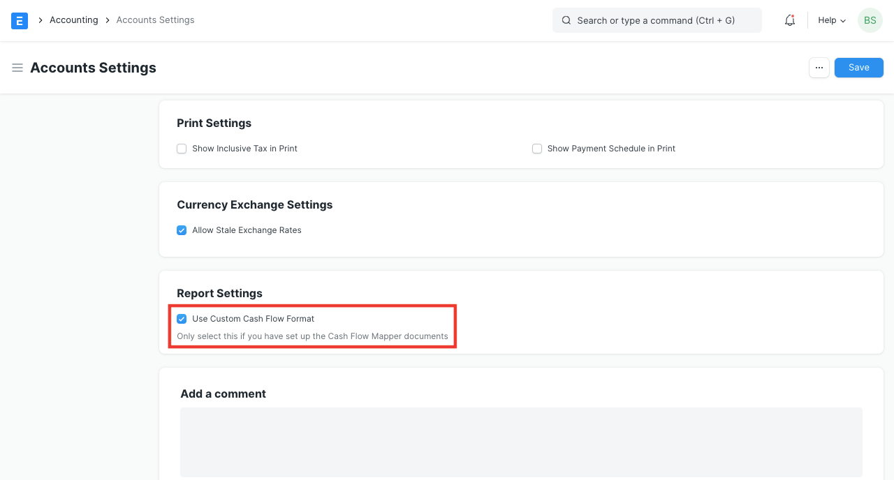 Enable Custom Cash Flow Report