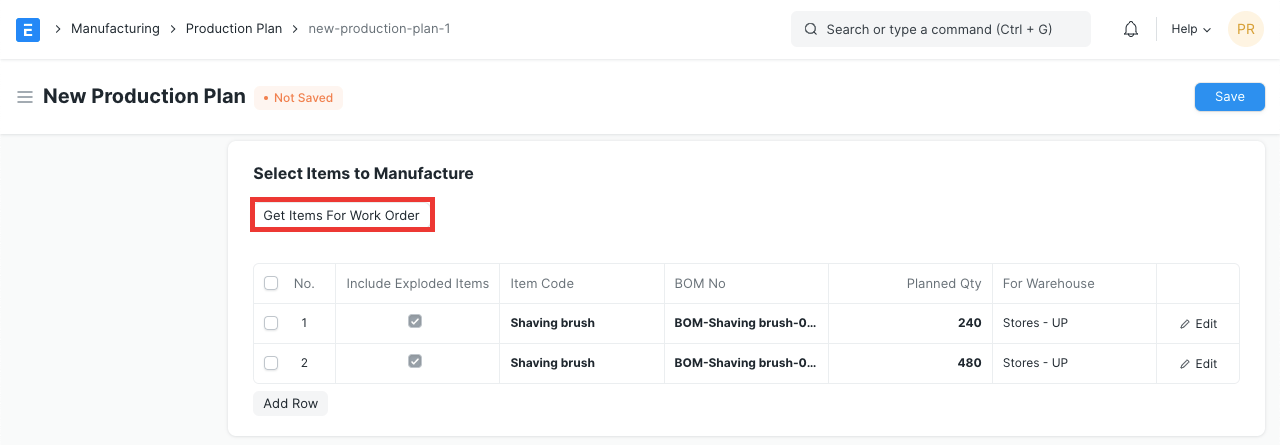 Get items for Production Plan