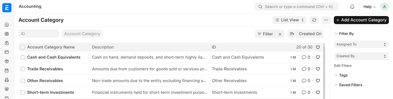 Example Account Category Setup