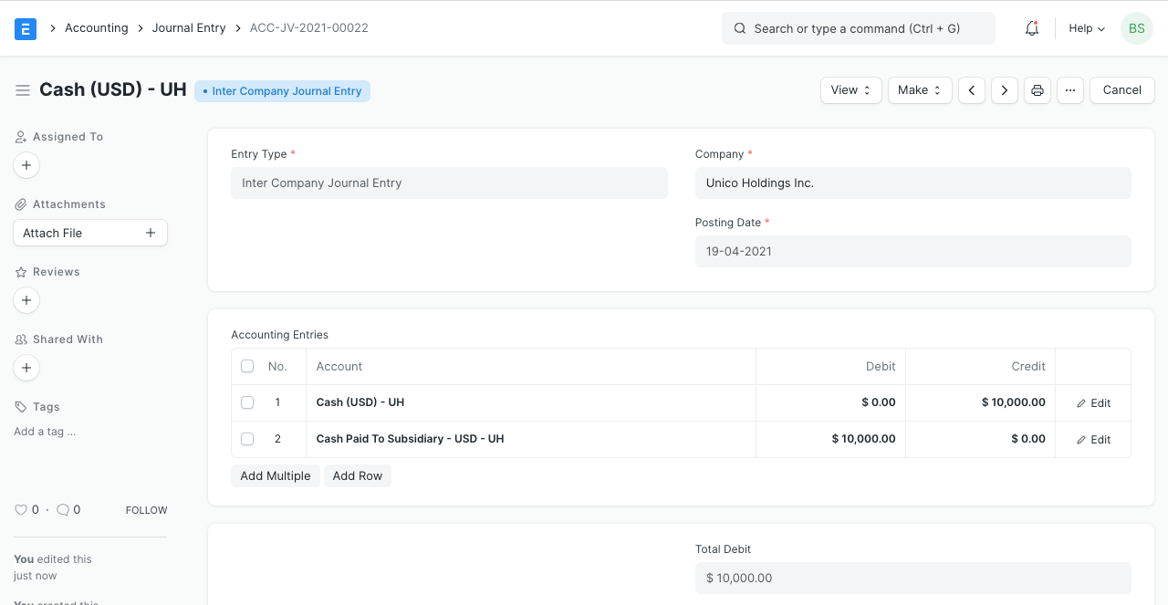 Inter Company Journal Entry
