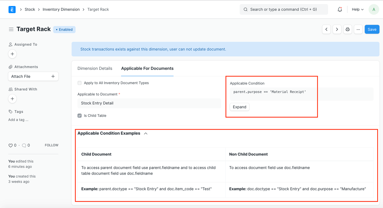inventory dimension applicable for