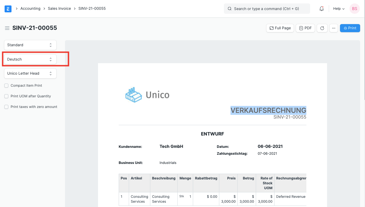Invoice in Customer Language