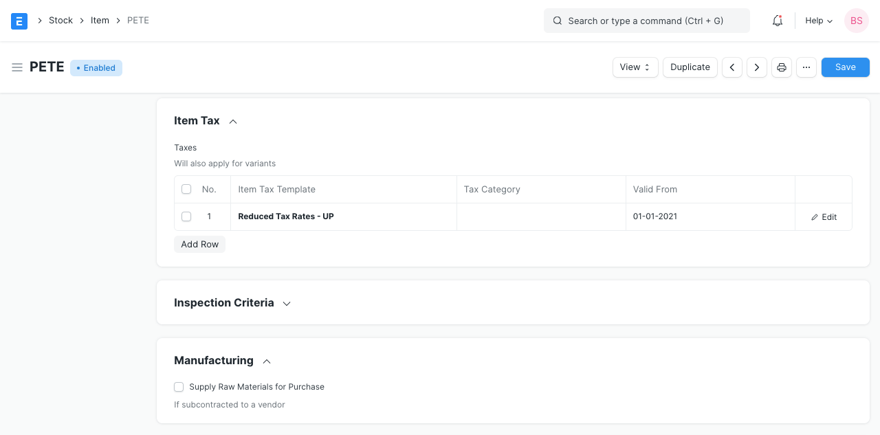 Item Tax in Item Group