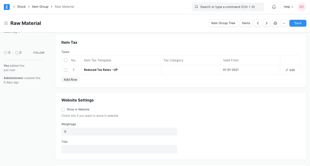 Item Tax Template in Item Group
