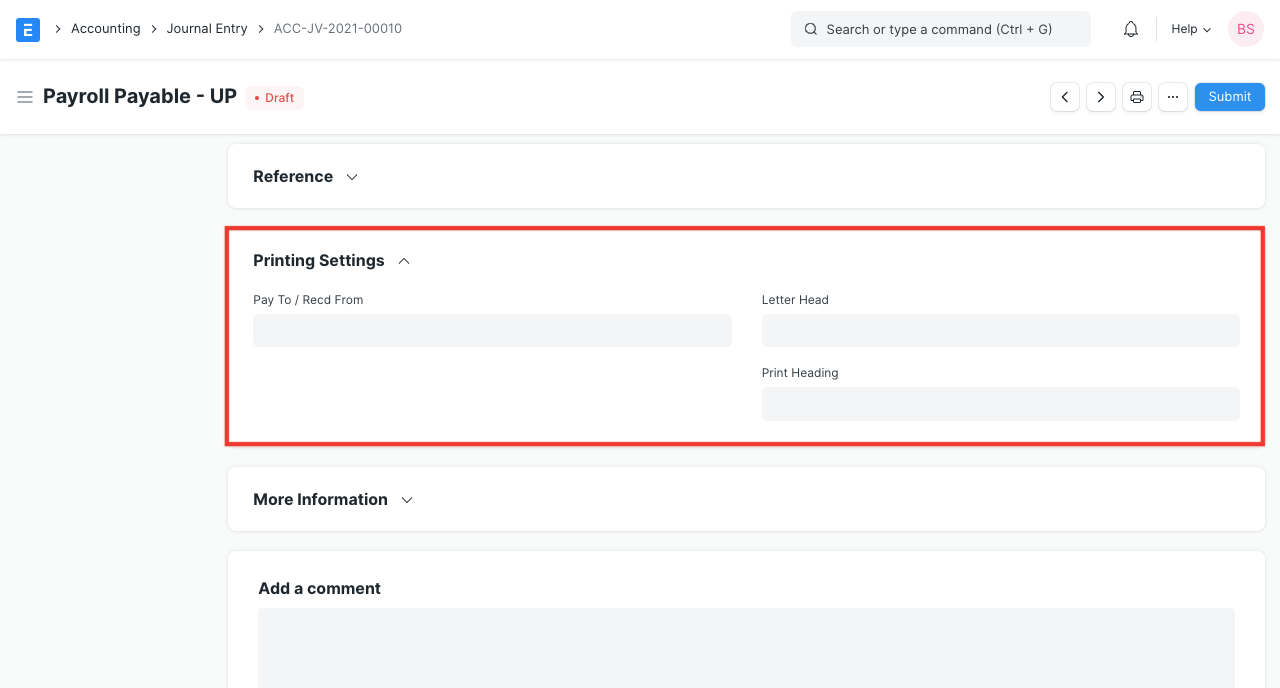 Journal Print Settings