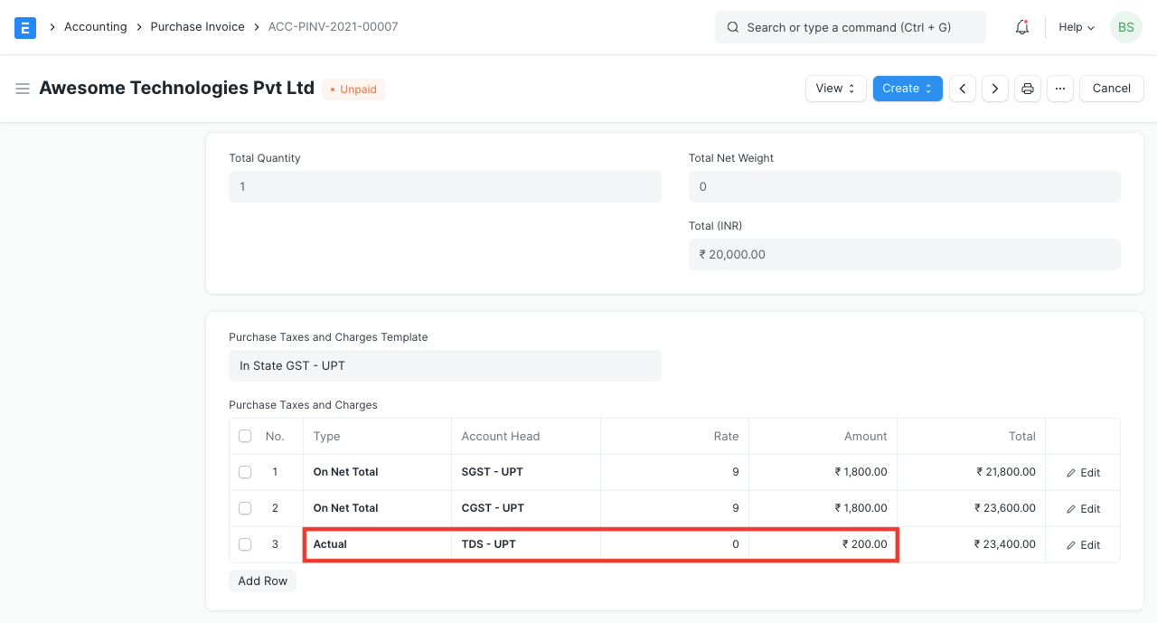 Lower TDS in Purchase Invoice