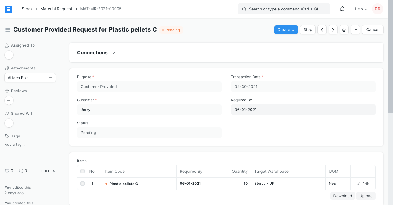 Customer Provided Material Request