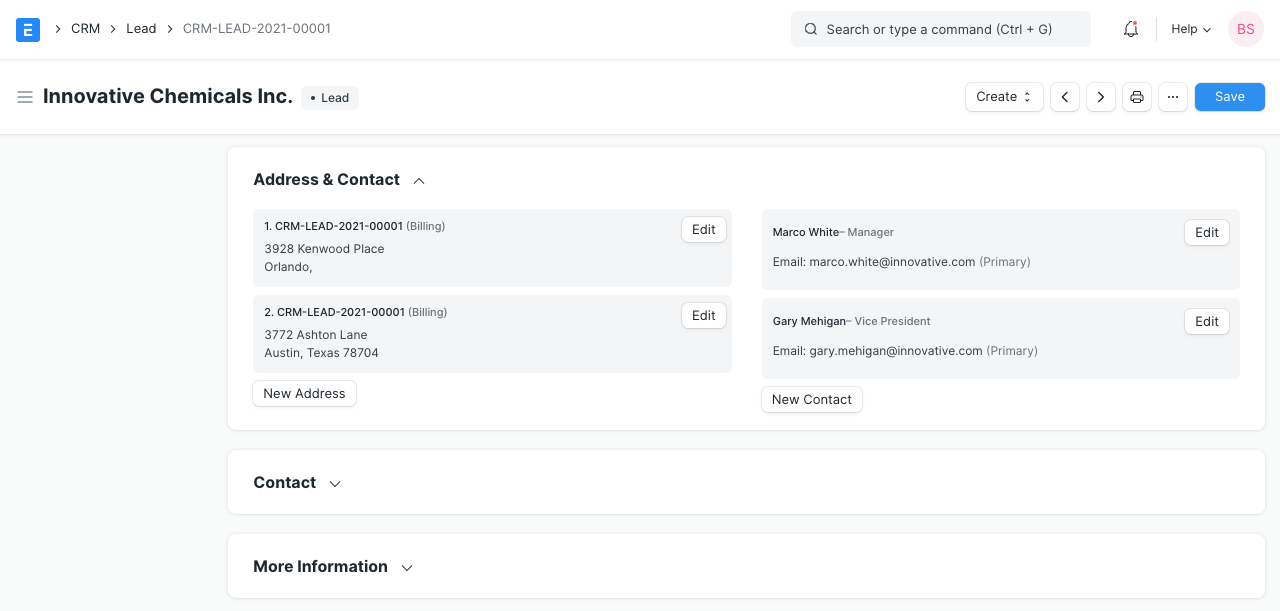 Multiple Contacts and Addresses in Lead