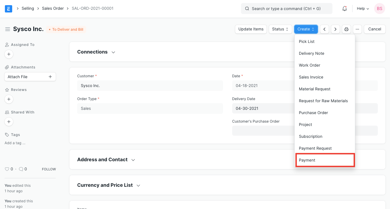 Payment Entry From Sales Order
