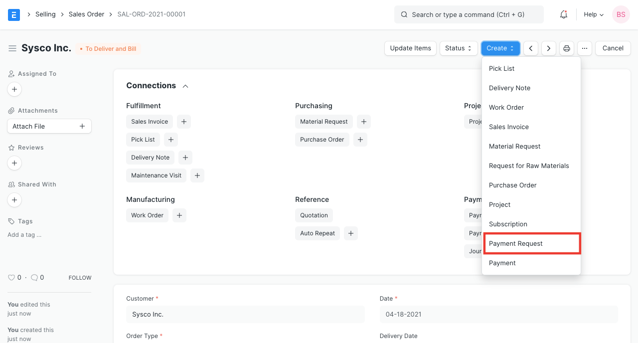Payment Request From Sales Order