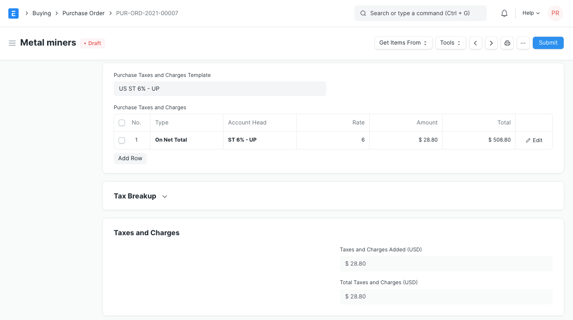 Purchase Order Taxes