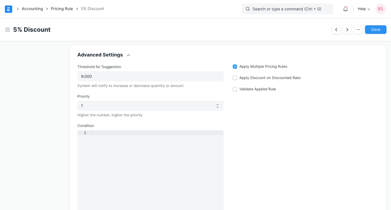 Pricing Rule Advanced Settings