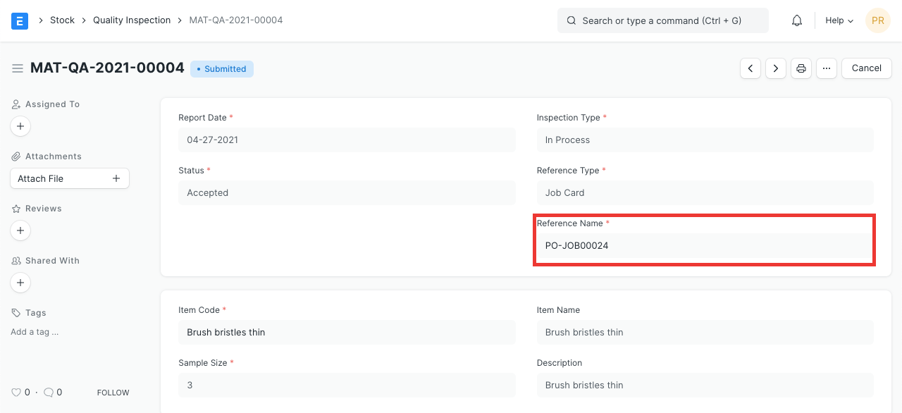 Quality Inspection Against Job Card
