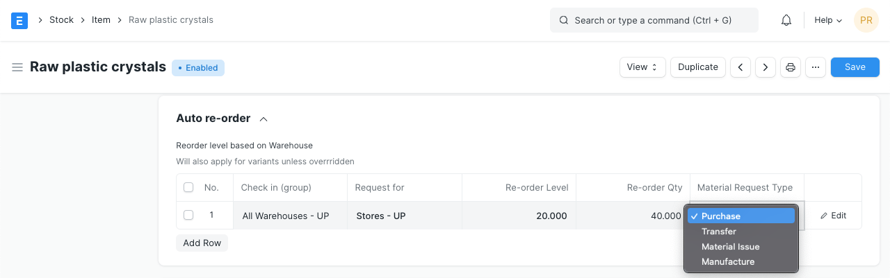 reorder level next action