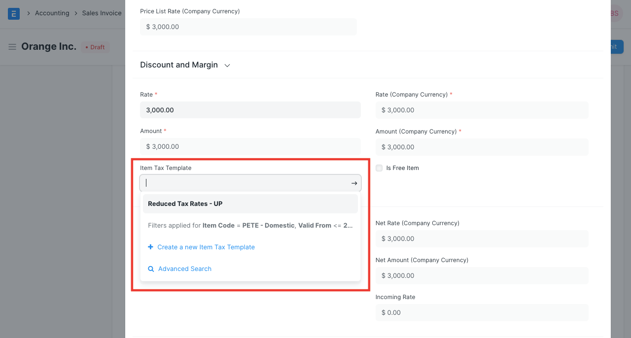 Slect Item Tax Template