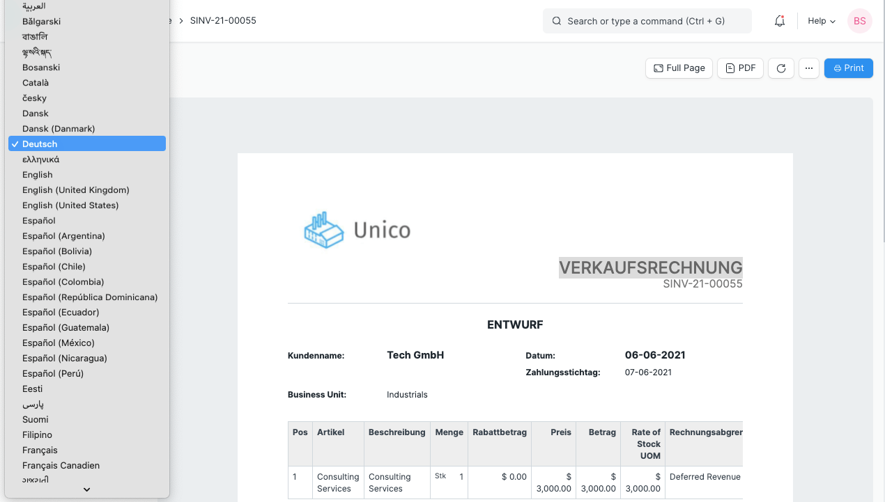 Select Language in Invoice