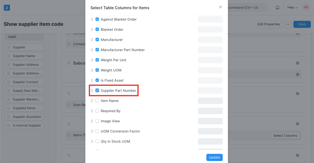 Supplier item part print format