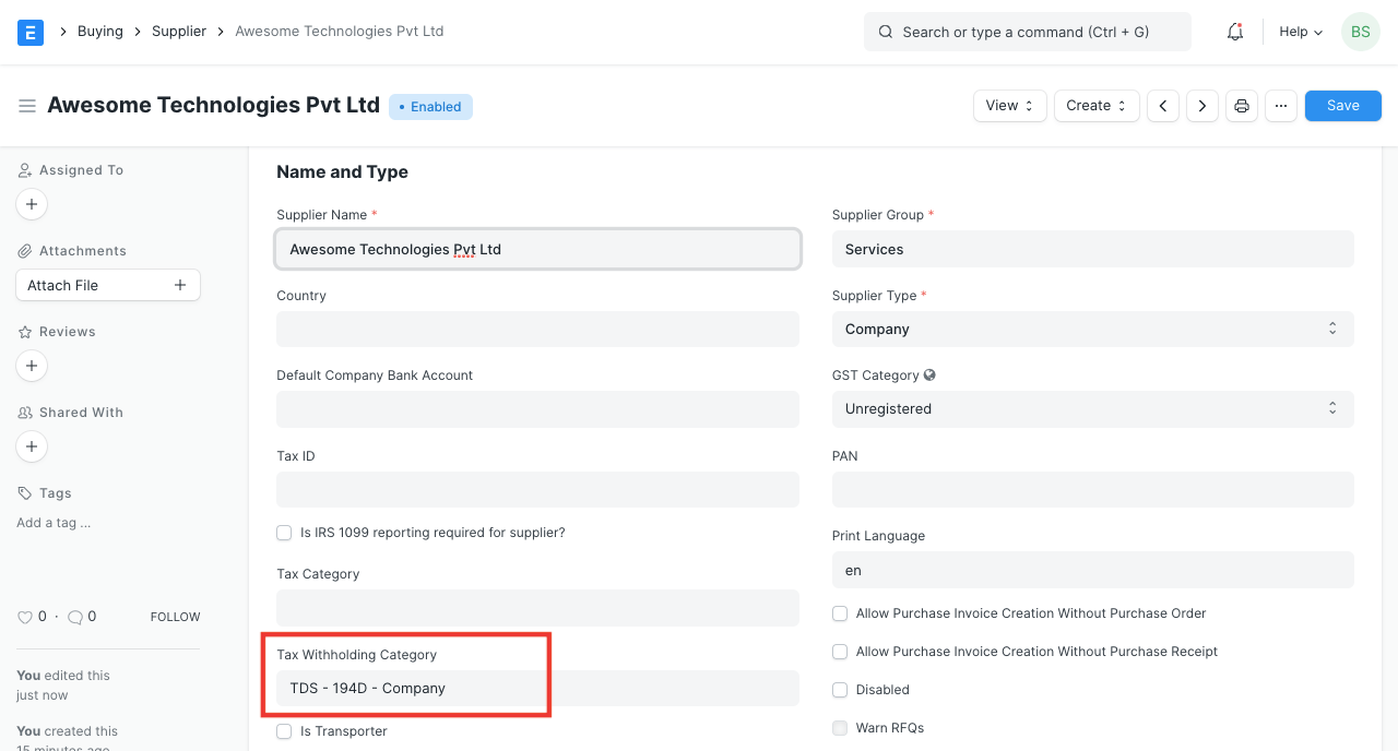 Supplier With Tax Withholding Category