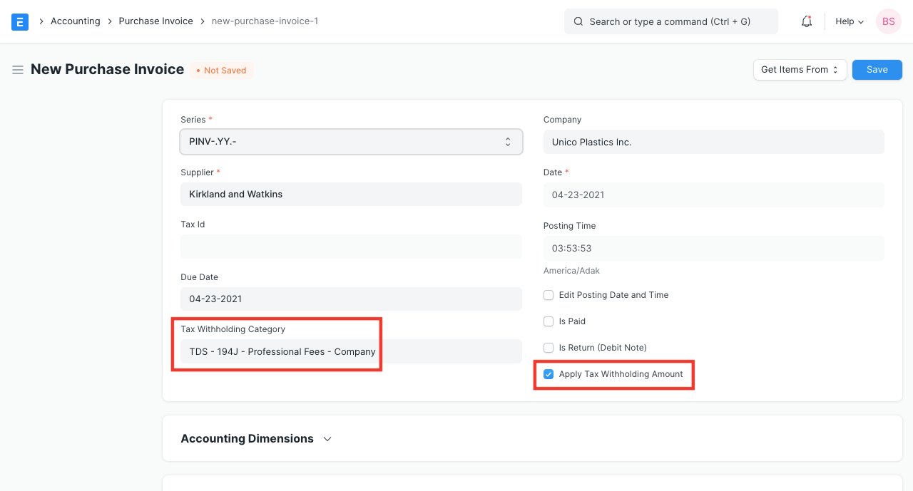 Tax Withholding Category in Purchase Invoice