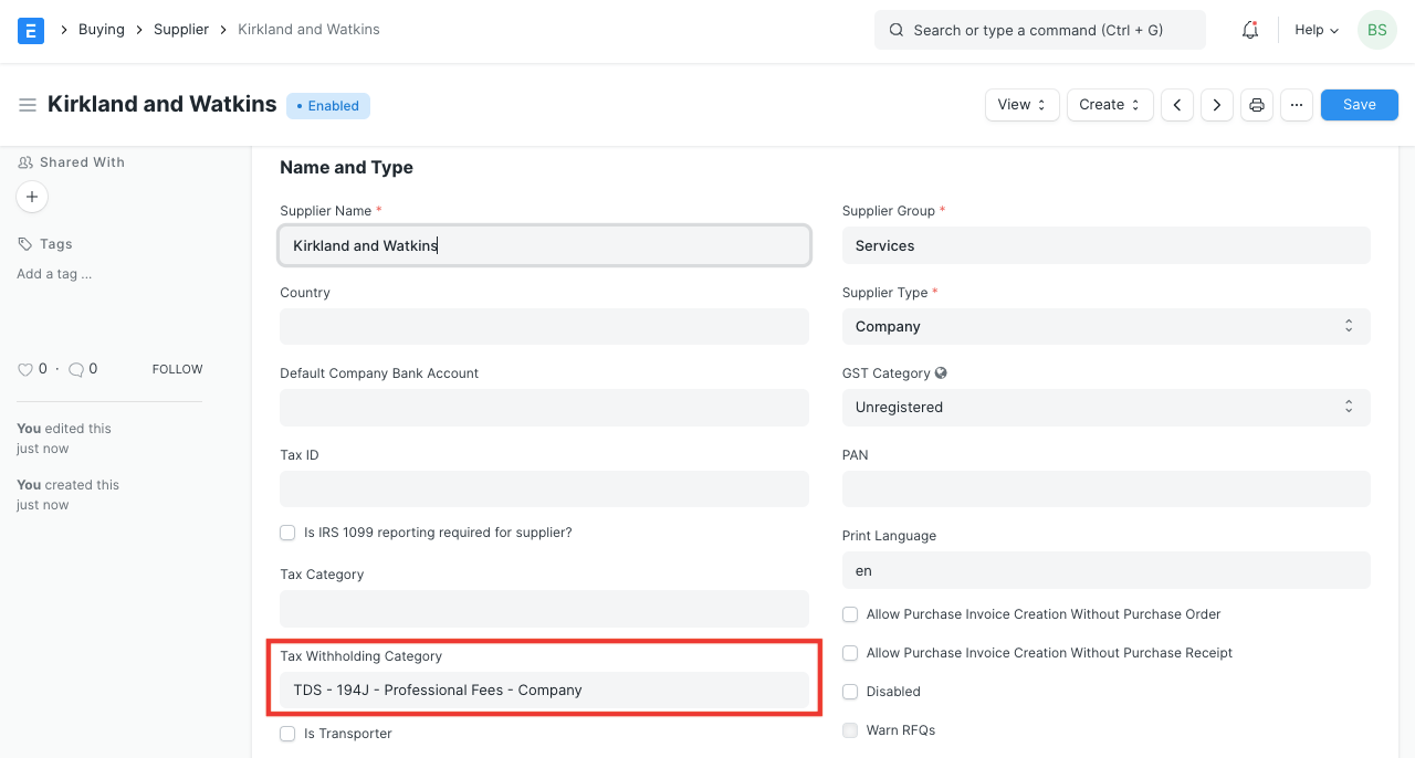 Tax withholding Category in Supplier