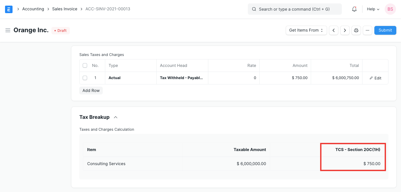TCS Calculation in Sales Invoice
