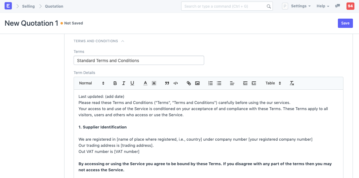 Terms and Conditions, Select in document