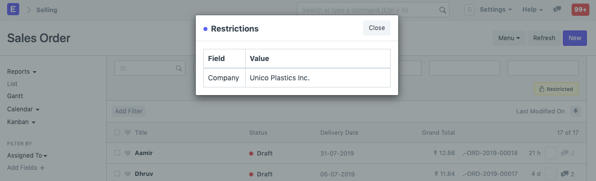 User restricted to Company