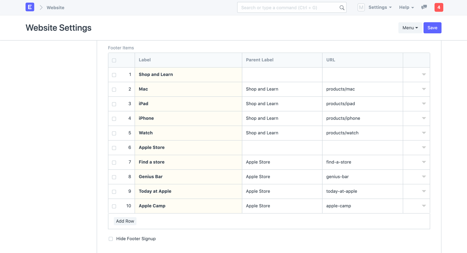 Website Settings - Footer Links