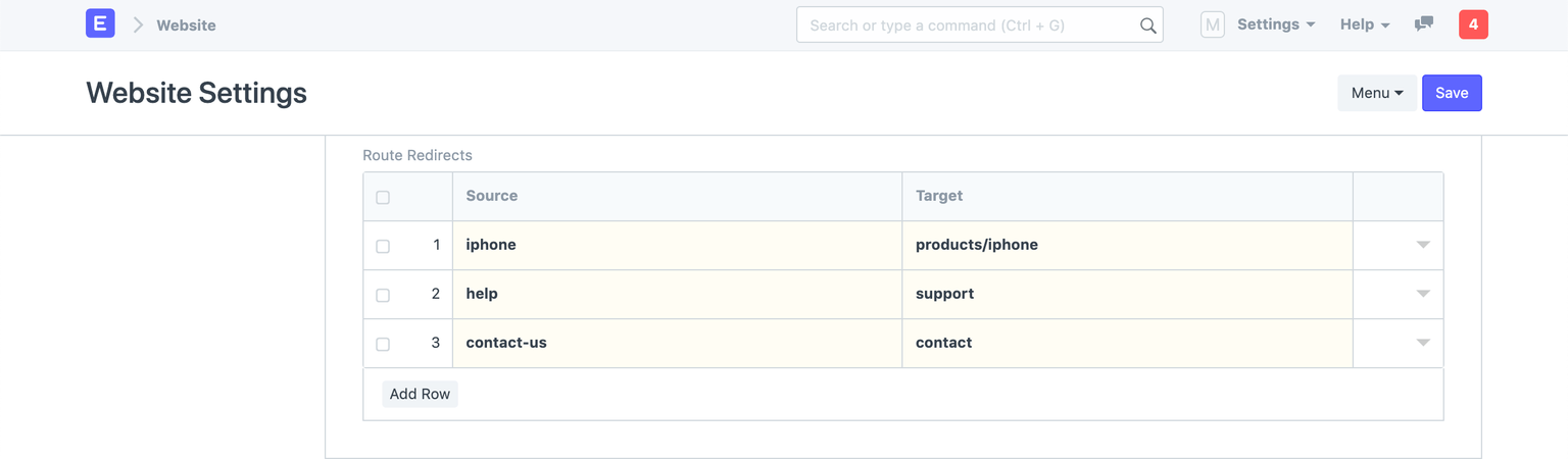 Website Settings - Routes Redirects