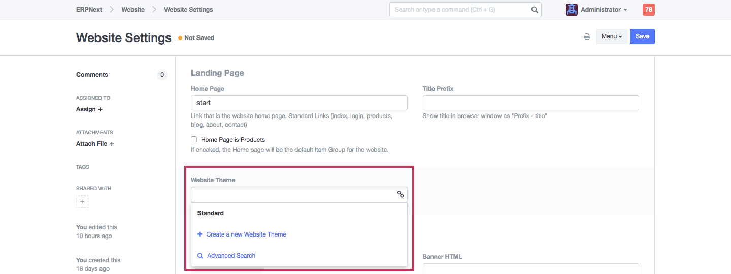 Select Website Theme in Website Settings