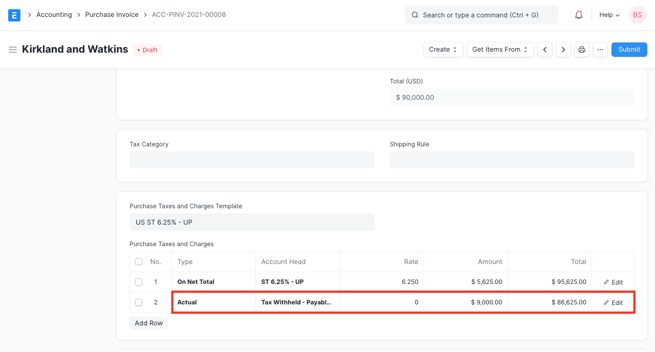 Tax Withholding Category in Purchase Invoice