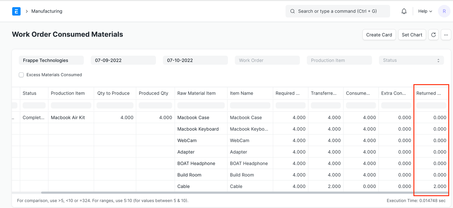 Return Components Qty
