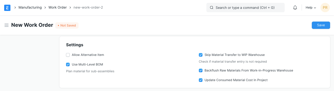 Options when creating WO